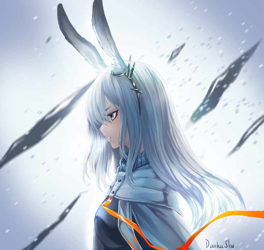 absurdres animal_ears arknights coat dankashu ear_ornament frostnova_(arknights) grey_eyes hair_ornament hair_over_one_eye hairclip highres rabbit_ears rabbit_girl ring_hair_ornament scar scar_on_face scar_on_nose white_coat