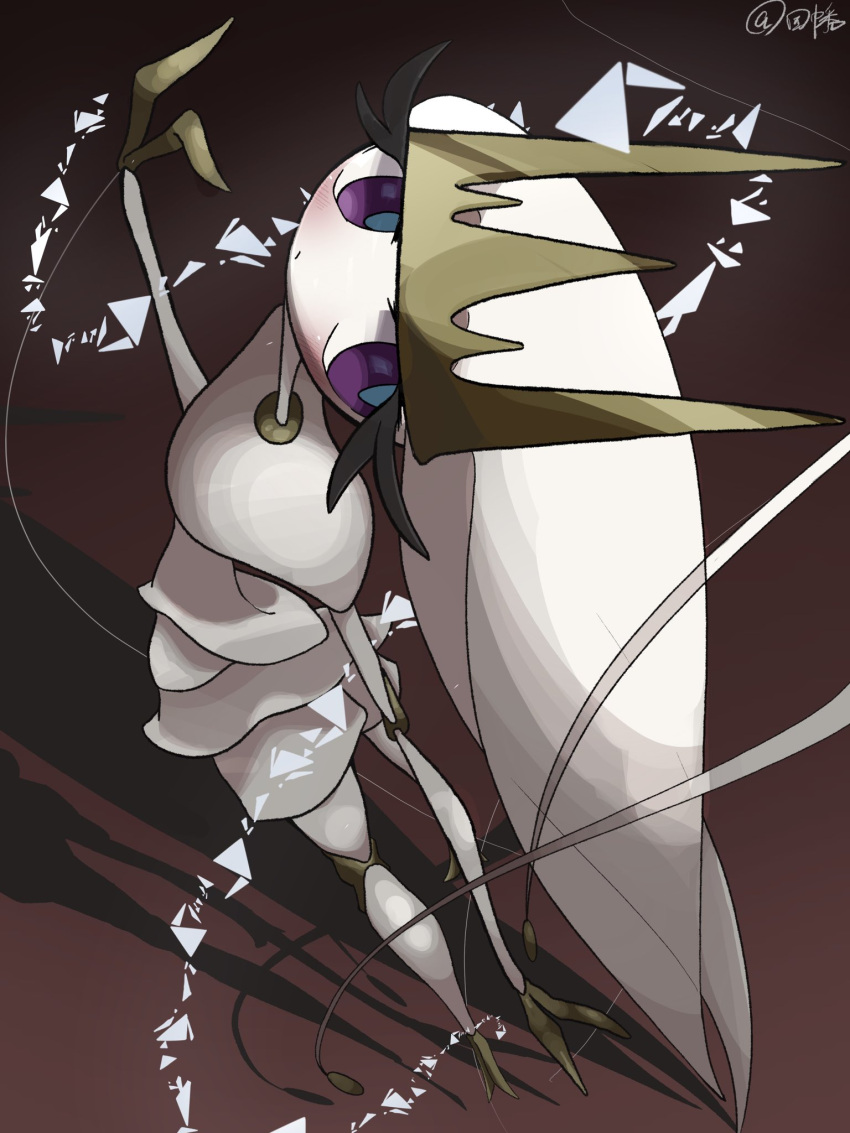 animal_focus blue_pupils blush colored_skin commentary_request from_above highres inb795 joints long_hair no_humans pheromosa pokemon pokemon_(creature) shadow signature solo very_long_hair violet_eyes white_hair white_skin