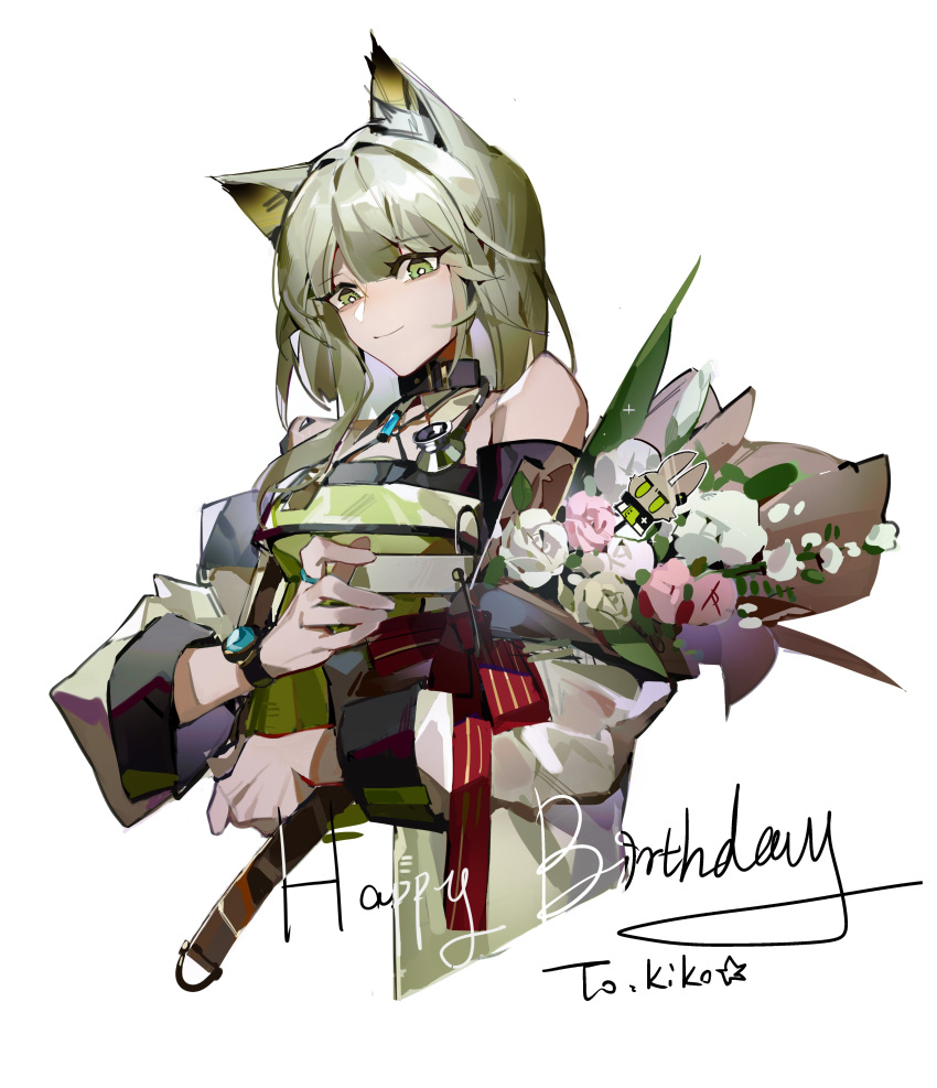 1girl absurdres animal_ear_fluff animal_ears arknights bare_shoulders bouquet breasts cat_ears cat_girl dress flower green_dress green_eyes green_hair happy_birthday highres holding holding_bouquet kal'tsit_(arknights) long_sleeves looking_at_viewer medium_hair off-shoulder_dress off_shoulder official_alternate_costume oripathy_lesion_(arknights) pink_flower rkt43v6e1aatxka simple_background small_breasts smile solo stethoscope sticker watch watch white_background white_flower