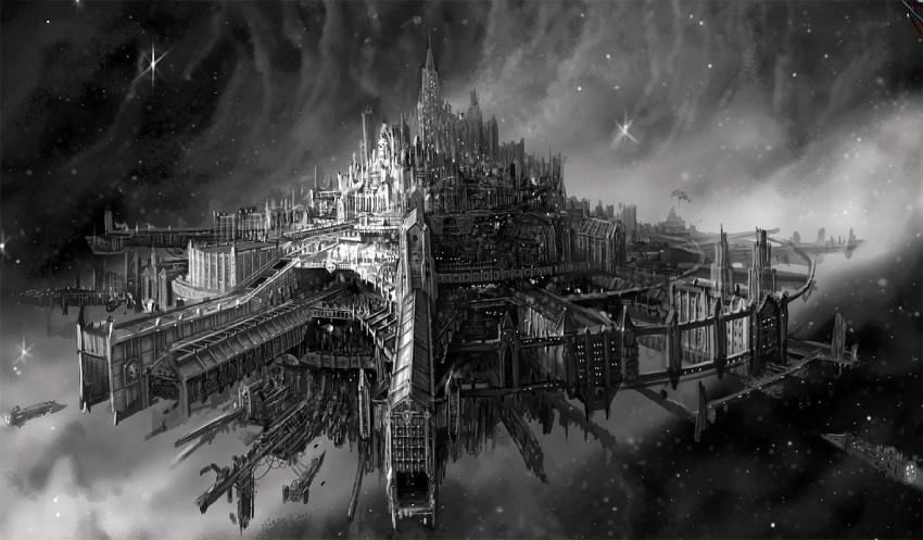 architecture battleship building castle city cityscape fleet floating_castle floating_city floating_island glowing_windows gothic_architecture greyscale highres megastructure military_vehicle monochrome no_humans scenery science_fiction ship space space_station spacecraft spire star_(sky) tower warhammer_40k warship watercraft