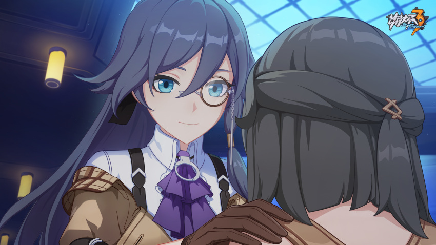 1boy 1girl ascot black_hairband blue_eyes brown_gloves child comforting fu_hua fu_hua_(hawk_of_the_fog) fu_hua_(valkyrie_accipiter) gloves grey_hair hair_between_eyes hairband hand_on_another's_shoulder high_ponytail highres honkai_(series) honkai_impact_3rd indoors logo long_hair looking_at_another monocle official_alternate_costume official_art official_wallpaper purple_ascot smile upper_body vita_(young)_(honkai_impact)