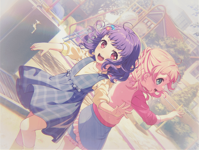 2girls bang_dream! dress official_art playground purple_hair red_eyes short_hair smile udagawa_ako uehara_himari younger