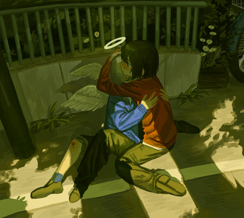 ambiguous_gender angel_wings black_hair blood blood_on_leg blue_sweater child crying crying_with_eyes_open facing_another feathered_wings fence flower halo headpat highres hug kneeling knees_up looking_at_another on_ground original pants pants_rolled_up pavement red_sweater scraped_knee short_hair sitting sweater tears weeds whale_daisuki wheel white_flower white_hair wings