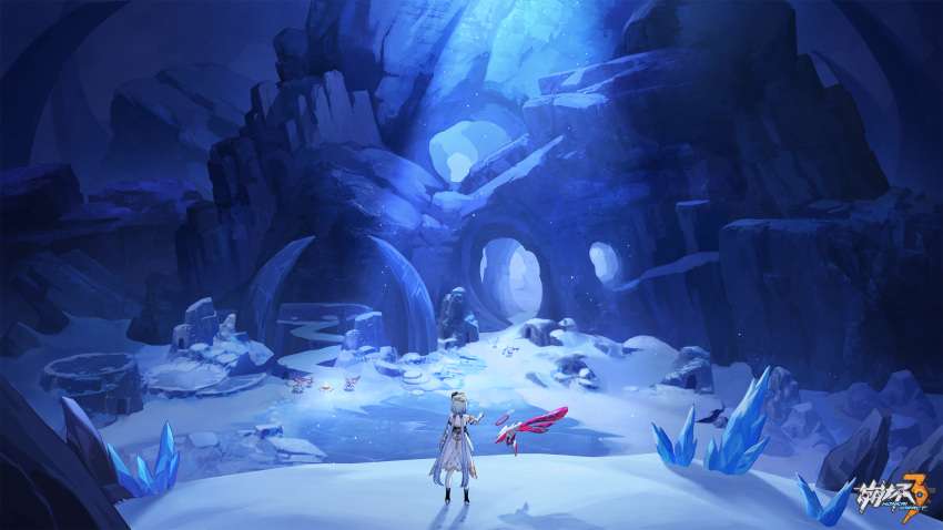 1girl blue_hair cave cave_interior chinese_commentary dress griseo griseo_(cosmic_expression) halo highres honkai_(series) honkai_impact_3rd indoors light_blue_hair logo long_hair official_art official_wallpaper snow standing very_long_hair white_dress