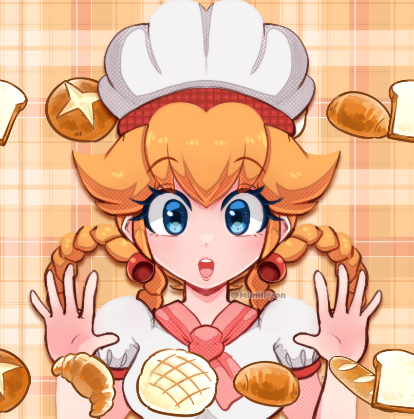 1girl absurdres baguette blue_eyes braided_hair_rings bread breasts chef_hat commentary croissant earrings food hat highres jewelry medium_breasts mimiipyon open_mouth orange_hair pastry_chef_peach plaid plaid_background princess_peach princess_peach:_showtime! puffy_short_sleeves puffy_sleeves short_sleeves smile solo super_mario_bros. twitter_username underwear