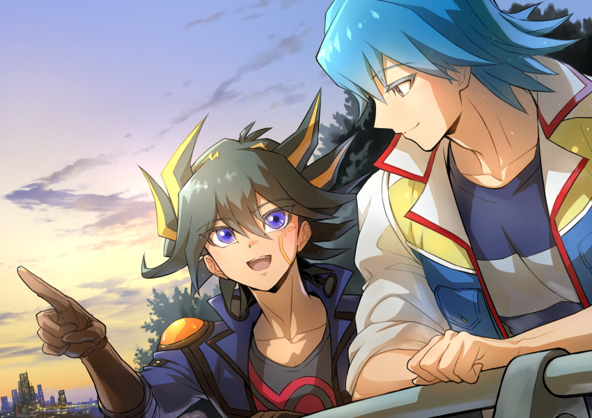 2boys against_railing black_hair black_shirt blue_eyes blue_hair blue_jacket blue_shirt brown_gloves bruno_(yu-gi-oh!) city city_lights clouds cloudy_sky facial_mark facial_tattoo fudou_yuusei gloves grey_eyes hand_on_railing hand_up happy high_collar highres jacket leaf leaning leaning_forward long_sleeves looking_at_another looking_to_the_side male_focus marking_on_cheek multicolored_hair multiple_boys open_clothes open_jacket open_mouth outdoors pink_sky pointing pointing_to_the_side pointing_up railing shirt short_hair shoulder_pads sky skyline sleeves_rolled_up smile spiky_hair streaked_hair sunrise sunset t-shirt tattoo tree v-neck white_jacket wind yellow_sky youko-shima yu-gi-oh! yu-gi-oh!_5d's