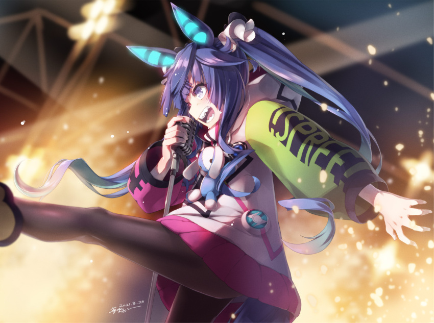 1girl animal_ears black_pantyhose blue_eyes blue_hair bow clothes_writing commentary_request concert crossed_bangs dated drawstring feet_out_of_frame glowing glowing_ears hair_bow heterochromia highres holding holding_microphone_stand hood hoodie horse_ears horse_girl horse_tail leg_up long_hair long_sleeves microphone microphone_stand mikan_yumeno multicolored_clothes multicolored_hoodie music open_mouth outstretched_arm pantyhose sharp_teeth sidelocks signature singing solo stage_lights stuffed_animal stuffed_rabbit stuffed_toy tail teeth twin_turbo_(umamusume) twintails umamusume vintage_microphone violet_eyes