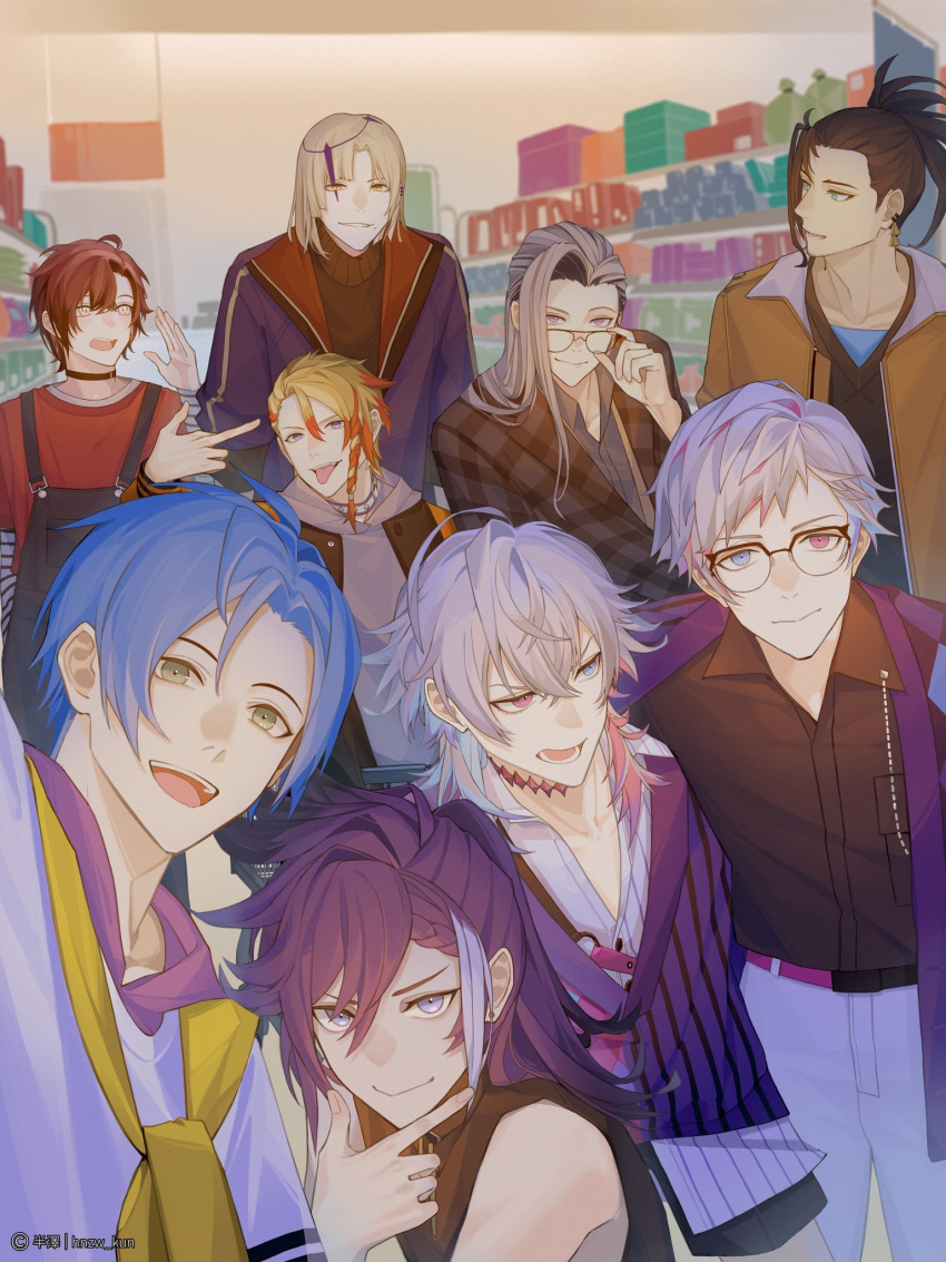 6+boys artist_name axel_syrios banzoin_hakka bettel_2_(gavis_bettel) blonde_hair blue_eyes blue_hair brown_hair choker earrings english_commentary everyone gavis_bettel glasses green_eyes grey_hair grin hair_between_eyes heterochromia high_ponytail highres hnzw_kun holostars holostars_english holotempus hood hoodie in_shopping_cart interior jacket jacket_on_shoulders jewelry josuiji_shinri light_blue_hair long_hair looking_at_another looking_at_viewer machina_x_flayon magni_dezmond male_focus mole mole_under_mouth multicolored_hair multiple_boys noir_vesper open_mouth pants pink_eyes pointing pointing_at_self posing purple_hair raised_eyebrow redhead regis_altare selfie shelf shop shopping_cart short_hair siblings smile standing suspenders sweater tongue tongue_out turtleneck turtleneck_sweater twins two-tone_hair v-neck violet_eyes virtual_youtuber white_pants yellow_eyes