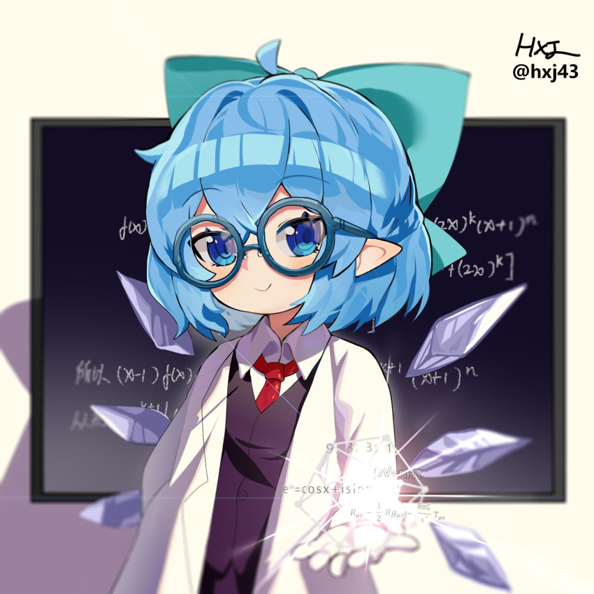 1girl :&gt; ahoge alternate_costume aqua_bow aqua_hair artist_name black_shirt blue-framed_eyewear blue_eyes bow chalkboard cirno coat collared_shirt crossed_bangs glowing hair_between_eyes hair_bow hand_up highres hxj_(2324184595) math necktie pointy_ears red_necktie round_eyewear shadow shirt short_hair signature simple_background smile solo touhou triangle_mouth upper_body white_background white_coat