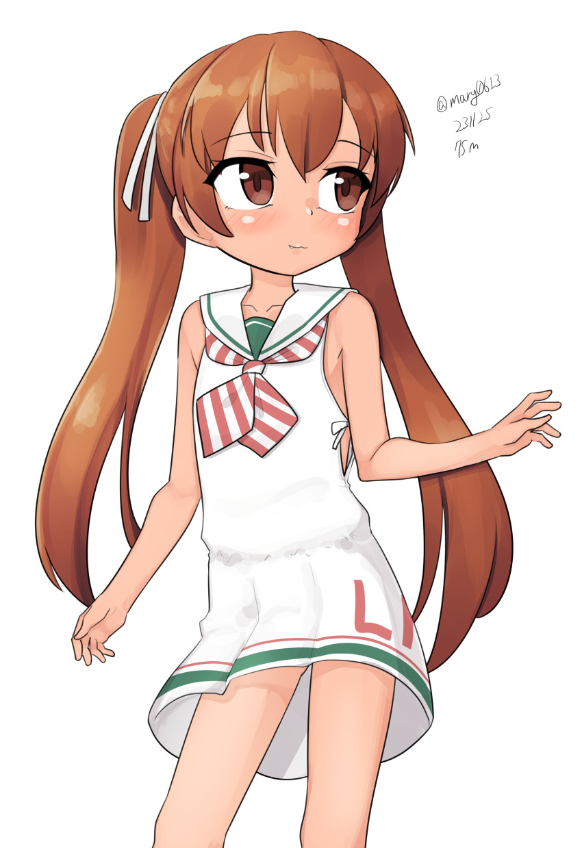 1girl absurdres brown_eyes brown_hair clothes_writing dark-skinned_female dark_skin dress feet_out_of_frame highres kantai_collection libeccio_(kancolle) long_hair looking_to_the_side low-cut_armhole maru_(marg0613) neckerchief sailor_dress simple_background sleeveless sleeveless_dress smile solo striped_neckerchief tan twintails white_background