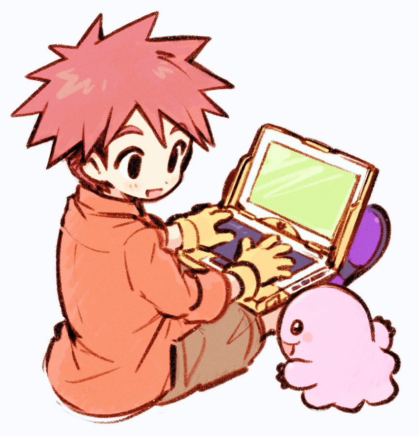 black_eyes brown_hair child computer digimon digimon_(creature) digimon_adventure gloves happy highres izumi_koushirou laptop looking_at_another miino25 mochimon on_floor redhead short_hair simple_background spiky_hair yellow_gloves