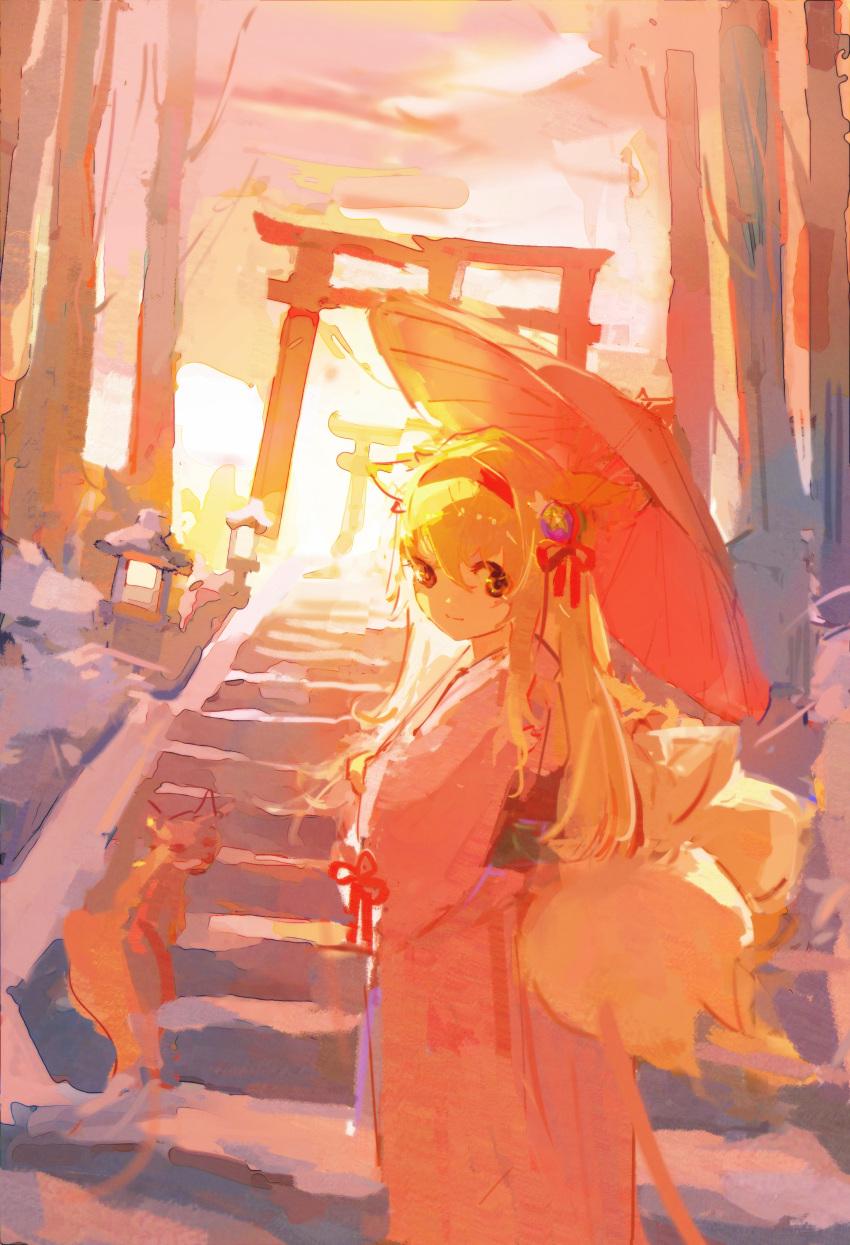 1girl absurdres animal_ears architecture arknights blonde_hair chinese_commentary closed_mouth commentary_request east_asian_architecture fox_ears fox_girl fox_tail from_behind hair_between_eyes hairband highres japanese_clothes kimono looking_at_viewer official_alternate_costume outdoors pink_kimono red_hairband solo suzuran_(arknights) suzuran_(yukibare)_(arknights) tail torii xing_(user_heps4874)