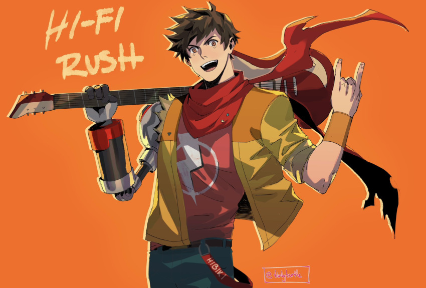 1boy chai_(hi-fi_rush) guitar hi-fi_rush highres instrument jacket looking_at_viewer male_focus pants prosthesis prosthetic_arm scarf short_hair smile solo tirtyturtle