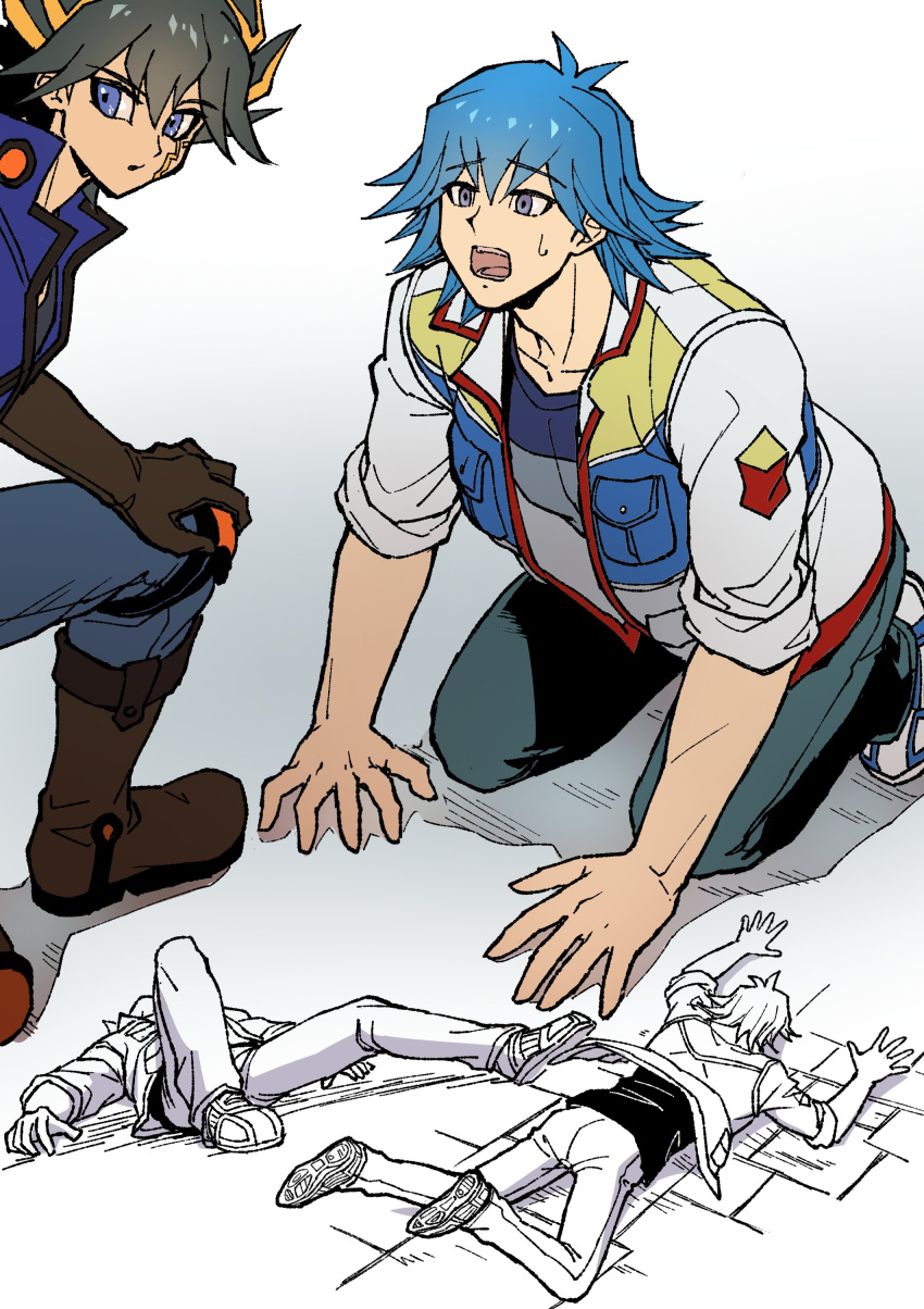 2boys absurdres black_hair blue_eyes blue_hair blue_jacket blue_pants boots brown_footwear brown_gloves bruno_(yu-gi-oh!) comedy facial_mark facial_tattoo floor fudou_yuusei gloves hand_on_own_knee hands_on_floor high_collar highres jacket knee_pads kneeling looking_back looking_to_the_side lying male_focus marking_on_cheek multicolored_hair multiple_boys multiple_views on_back on_floor on_stomach open_clothes open_jacket open_mouth pants parted_lips partially_colored pocket shirt shoes short_hair sleeves_rolled_up sneakers spiky_hair streaked_hair sweatdrop tattoo tripping violet_eyes white_footwear white_jacket worried youko-shima yu-gi-oh! yu-gi-oh!_5d's