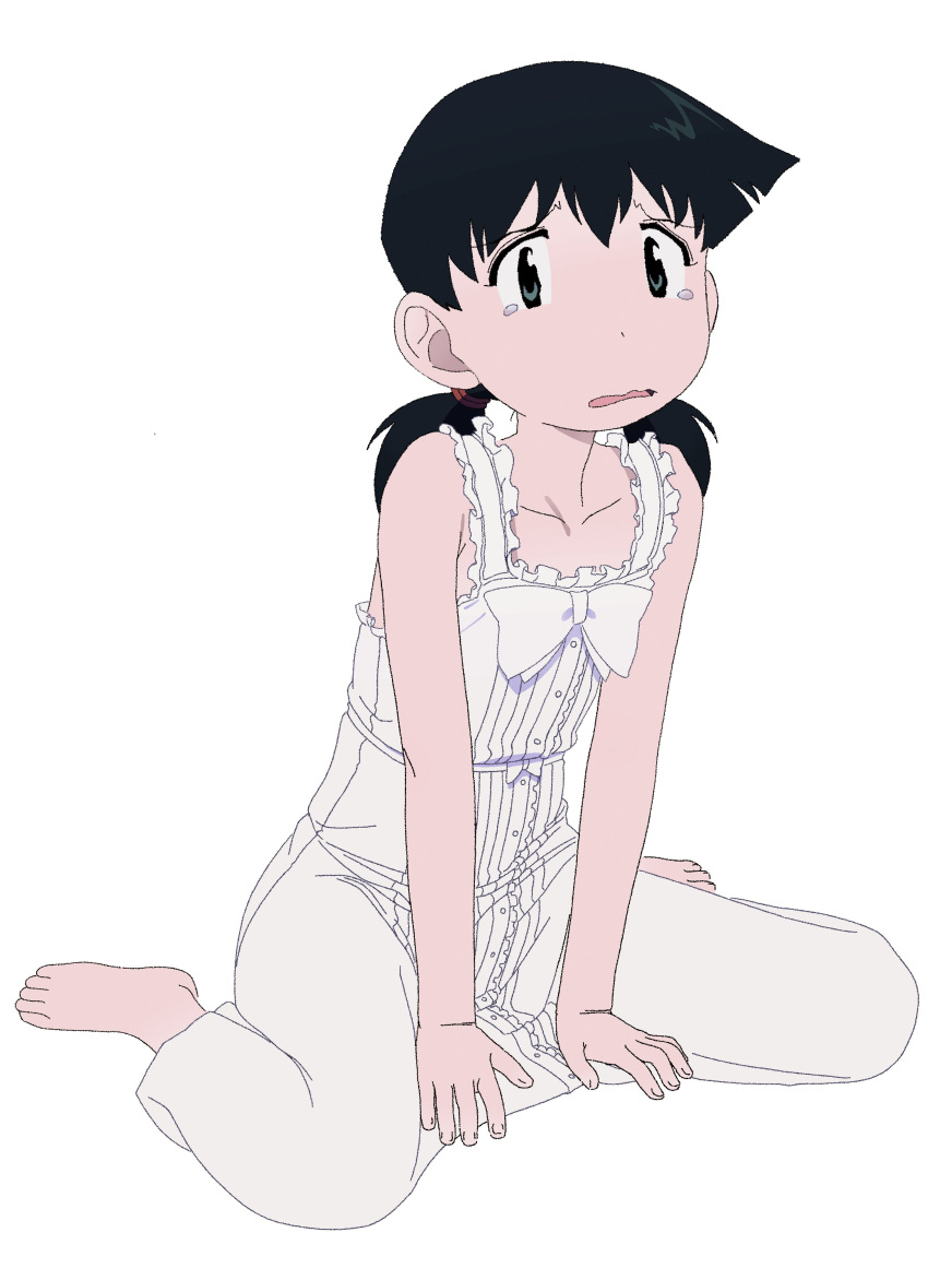1girl absurdres alien_nine arm_support barefoot black_eyes black_hair bow dress highres jiryu50610218 looking_at_viewer low_twintails ootani_yuri open_mouth simple_background sitting sleeveless sleeveless_dress solo tears twintails wavy_mouth white_background white_bow white_dress