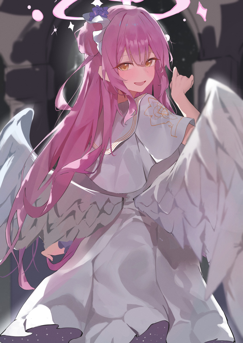 1girl absurdres angel_wings bad_id bad_pixiv_id blue_archive blush capelet dress feathered_wings flower from_behind hair_bun hair_flower hair_ornament halo highres long_hair looking_at_viewer looking_back mika_(blue_archive) nagiushi open_mouth pink_hair pink_halo purple_flower single_side_bun smile solo white_capelet white_dress white_wings wings yellow_eyes