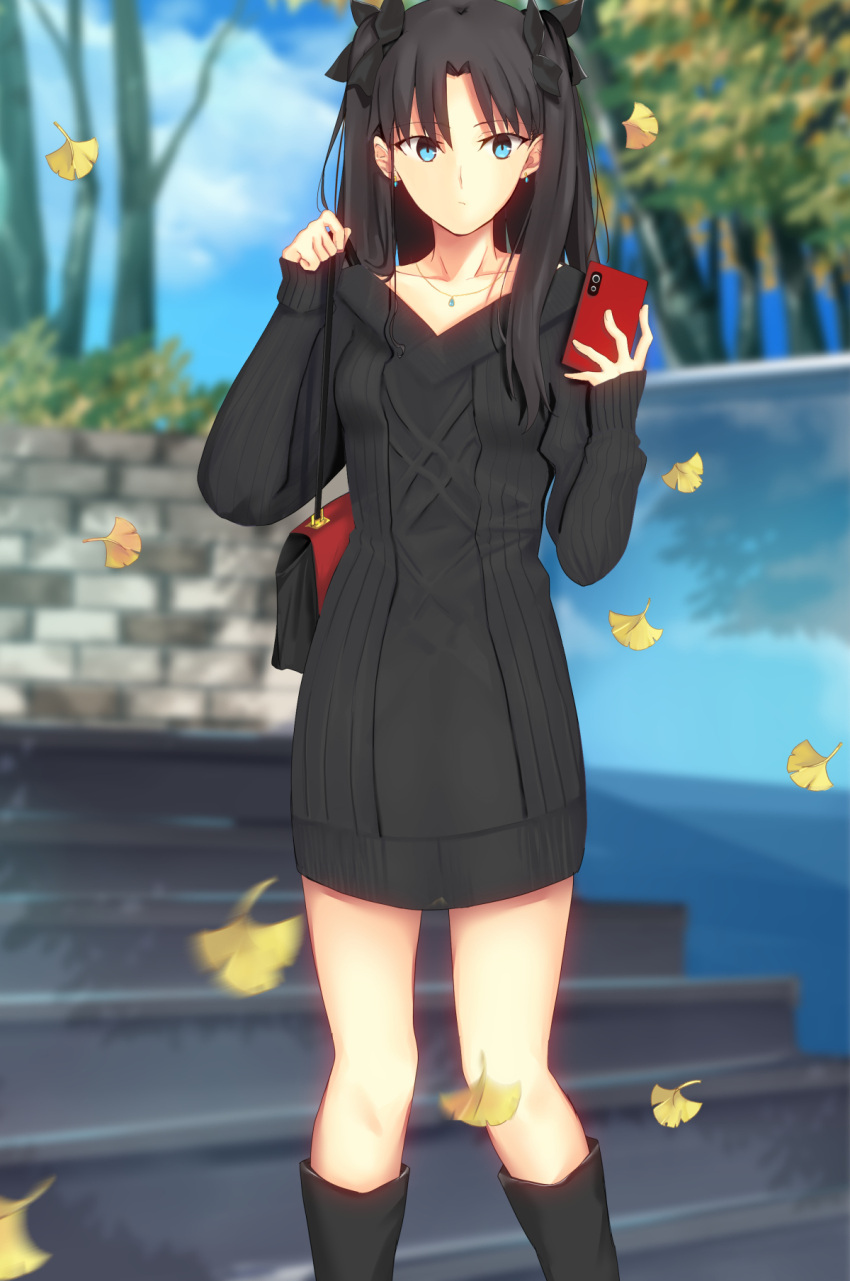 1girl alternate_costume bag black_footwear black_hair black_ribbon black_sweater blue_eyes blue_sky boots cellphone closed_mouth clouds collarbone commentary_request earrings fate/stay_night fate_(series) hair_ribbon handbag highres holding holding_phone iro_(sekaixiro) jewelry leaf long_sleeves looking_at_viewer necklace outdoors parted_bangs phone ribbon sky sleeves_past_wrists solo sweater tohsaka_rin tree two_side_up