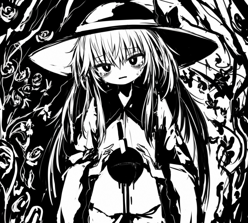 1girl bow bright_pupils buttons collared_shirt crying diamond_button eyeball frilled_shirt_collar frilled_sleeves frills greyscale hands_up hat hat_bow hat_ribbon highres komeiji_koishi long_sleeves looking_at_viewer medium_hair monochrome reverinth ribbon shirt solo third_eye touhou wavy_hair white_pupils wide_sleeves