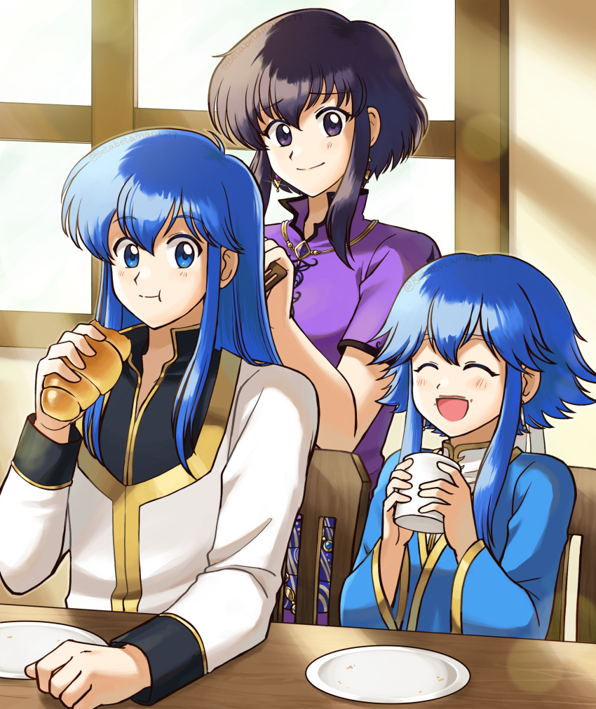 1boy 2girls absurdres alternate_costume alternate_hairstyle betabetamaru black_eyes black_hair black_shirt blue_eyes blue_hair blue_shirt bread brushing_another's_hair brushing_hair chair commentary_request commission earrings eating father_and_daughter fire_emblem fire_emblem:_genealogy_of_the_holy_war foam_mustache food gold_trim highres holding holding_food husband_and_wife if_they_mated indoors jewelry larcei_(fire_emblem) long_hair long_sleeves mother_and_daughter multiple_girls necklace plate purple_shirt seliph_(fire_emblem) shirt short_hair short_sleeves sitting skeb_commission smile sunlight table twitter_username two-tone_shirt very_long_hair white_shirt wide_sleeves window