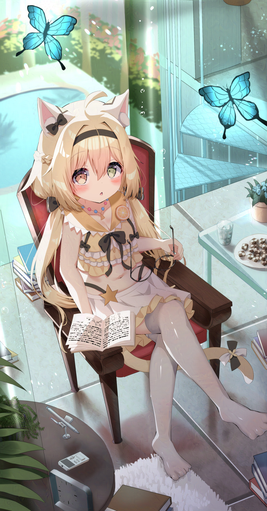 1girl ahoge animal_ear_fluff animal_ears black_bow black_hairband blue_butterfly blush book bow bug butterfly cat_ears cat_girl cat_tail chair collarbone commentary commission crossed_legs denghuo_ju_(vtuber) full_body glasses green_eyes hair_between_eyes hair_bow hairband heterochromia highres holding holding_book holding_removed_eyewear indie_virtual_youtuber looking_at_viewer low_twintails miniskirt navel no_shoes orange_eyes parted_lips pleated_skirt siera_(sieracitrus) sitting skeb_commission skirt solo tail thigh-highs twintails unworn_eyewear virtual_youtuber white_skirt white_thighhighs