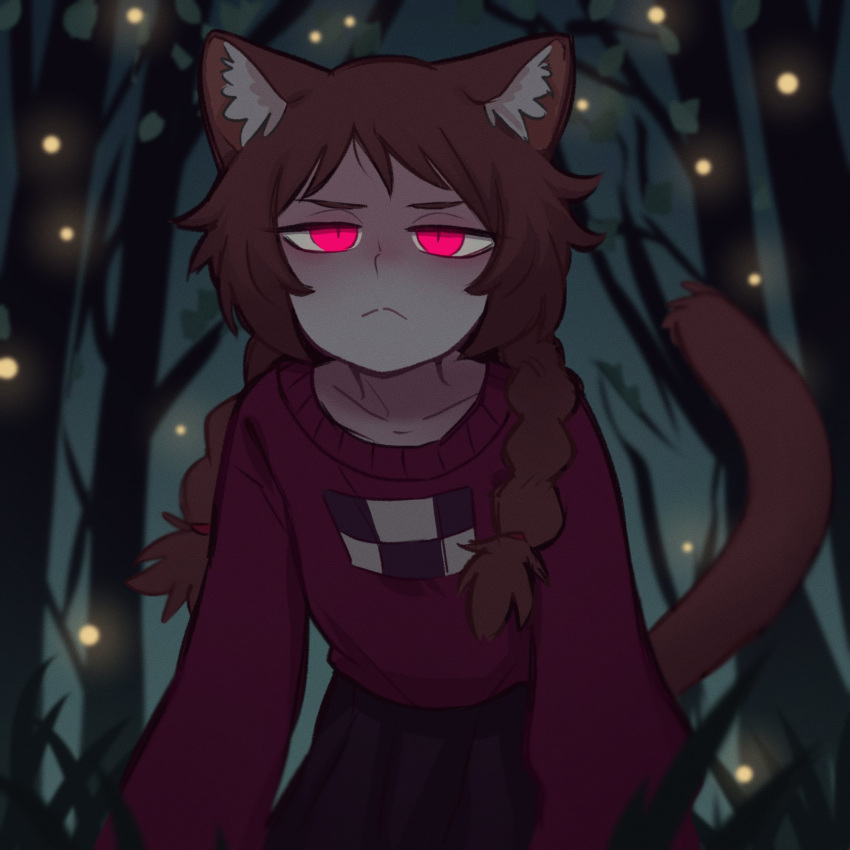 1girl animal_ears braid brown_hair cat_ears cat_girl forest glowing glowing_eyes highres leaning_forward looking_at_viewer madotsuki nature night night_sky red_eyes red_skirt red_sweater skirt sky solo sweater tateoftot twin_braids yume_nikki