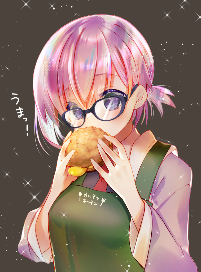 1girl absurdres alternate_hairstyle apron black_dress blush commentary_request cream_puff dress eating fate/grand_order fate_(series) food glasses green_apron highres holding holding_food izumi_mogu long_sleeves looking_at_object mash_kyrielight necktie purple_hair red_necktie shirt short_hair solo upper_body violet_eyes white_shirt