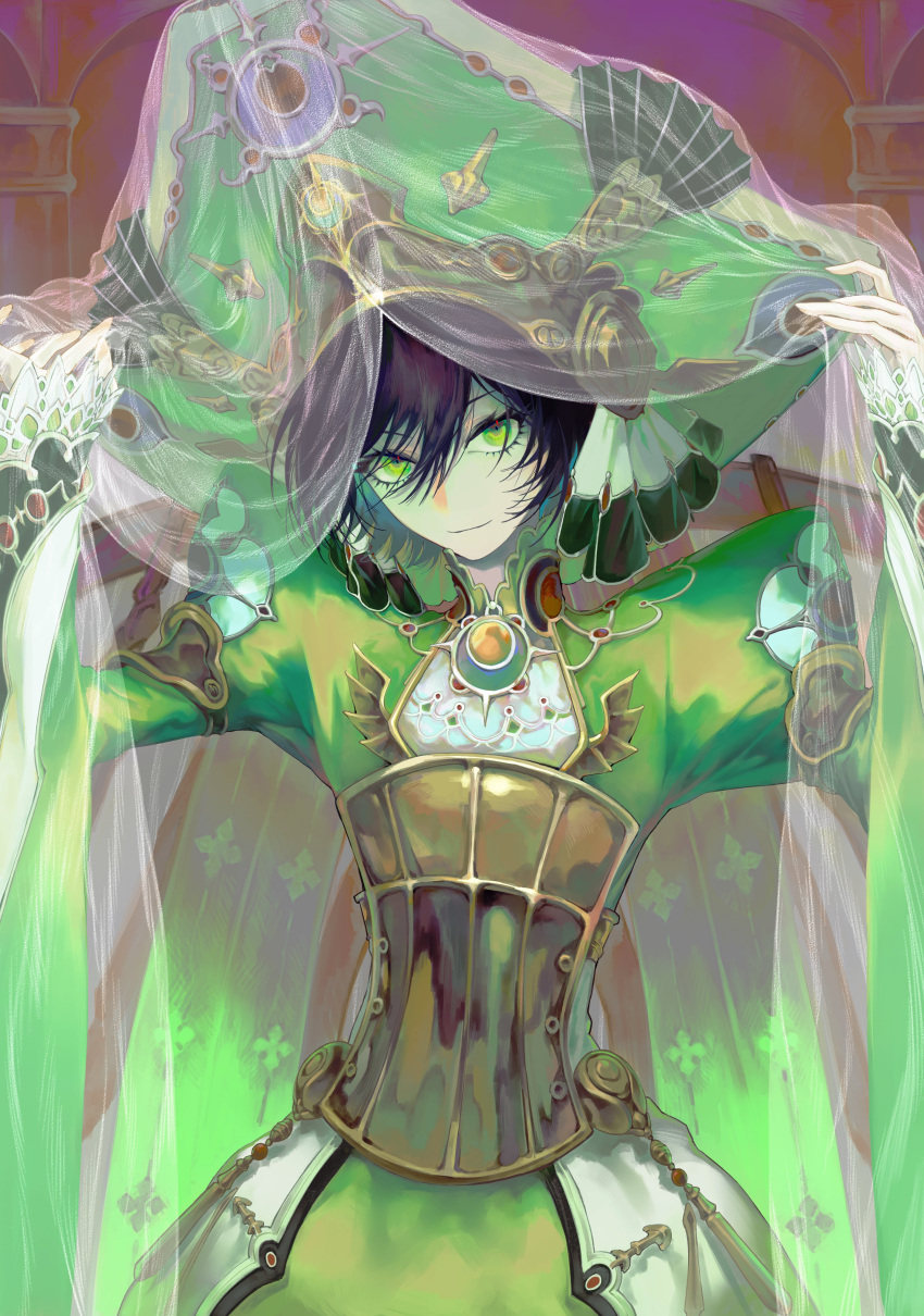 1girl absurdres androgynous armor black_hair brooch closed_mouth cowboy_shot frills green_eyes green_headwear green_theme hair_over_eyes hands_up hat hat_ornament head_tilt highres jewelry juliet_sleeves large_hat long_sleeves looking_at_viewer nianshoufa puffy_sleeves see-through seth_nightroad short_hair smile solo trinity_blood veil veil_lift wide_sleeves