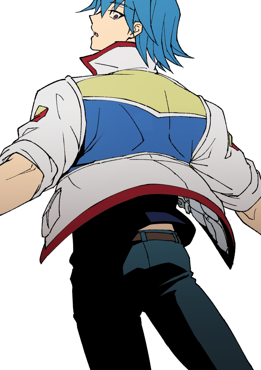1boy absurdres belt blue_hair blue_pants blue_shirt bruno_(yu-gi-oh!) from_behind high_collar highres jacket leather_belt looking_back male_focus midriff_peek outstretched_arms pants parted_lips pocket running shirt short_hair simple_background sleeves_rolled_up solo standing tools utility_vest violet_eyes white_background white_jacket wrench youko-shima yu-gi-oh! yu-gi-oh!_5d's