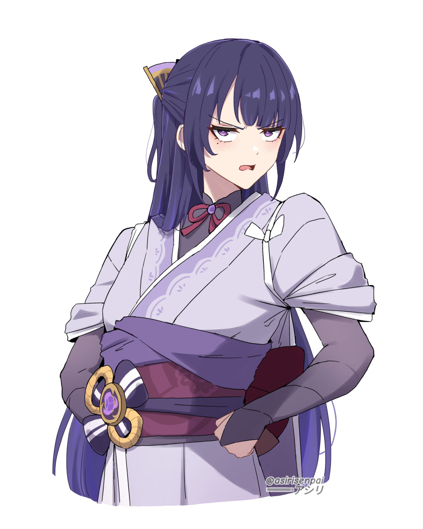 1girl absurdres annoyed artist_name asiri_senpai blush commentary_request genshin_impact hair_between_eyes hands_on_own_hips highres japanese_clothes kimono looking_at_viewer mole mole_under_eye open_mouth purple_hair purple_kimono raiden_shogun sidelocks simple_background solo upper_body v-shaped_eyebrows violet_eyes white_background
