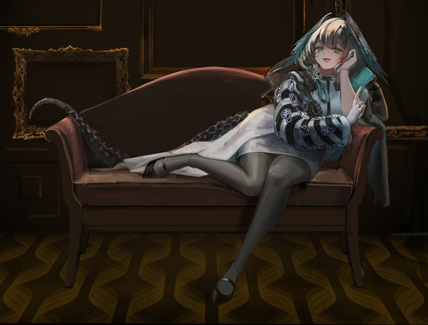 1girl :d aqua_eyes arknights black_footwear black_pantyhose couch empty_picture_frame fingerless_gloves gloves grey_hair hand_on_own_cheek hand_on_own_face head_rest head_wings highres ho'olheyak_(arknights) long_coat long_hair long_sleeves looking_at_viewer lying nnicoinu open_mouth pantyhose picture_frame revision sitting smile snake_tail tail white_gloves wings