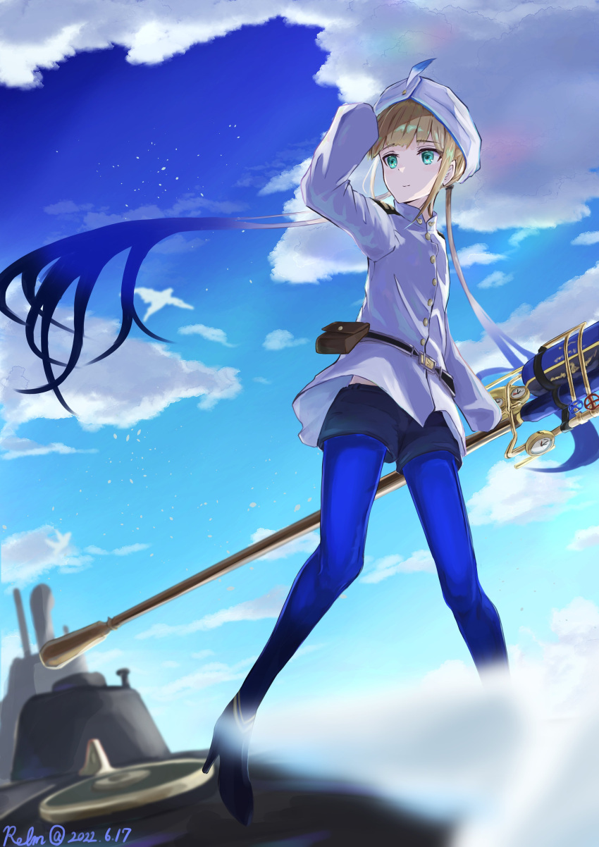 1boy absurdres artist_name belt belt_pouch blonde_hair blue_hair blue_pantyhose captain_nemo_(fate) clouds cloudy_sky fate/grand_order fate_(series) gradient_hair green_eyes hand_on_headwear hat hat_feather highres holding holding_staff jacket kamome_umitsuki long_hair long_sleeves male_focus military_uniform multicolored_hair naval_uniform nemo_(fate) pantyhose pouch shorts sky smile solo staff submarine turban twintails uniform very_long_hair watercraft