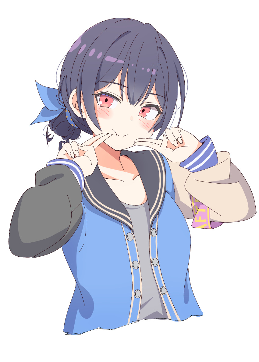 1girl absurdres asymmetrical_sleeves black_hair black_sailor_collar blue_ribbon blush bow closed_mouth collarbone cropped_torso dot_nose eitopondo finger_to_mouth flat_chest grey_shirt hair_between_eyes hair_bow hair_bun hair_ribbon hands_up highres idolmaster idolmaster_shiny_colors jacket long_sleeves looking_at_viewer mismatched_sleeves morino_rinze multicolored_clothes multicolored_jacket open_clothes open_jacket pink_sash red_eyes ribbon sailor_collar sash shirt short_hair simple_background smile solo upper_body white_background