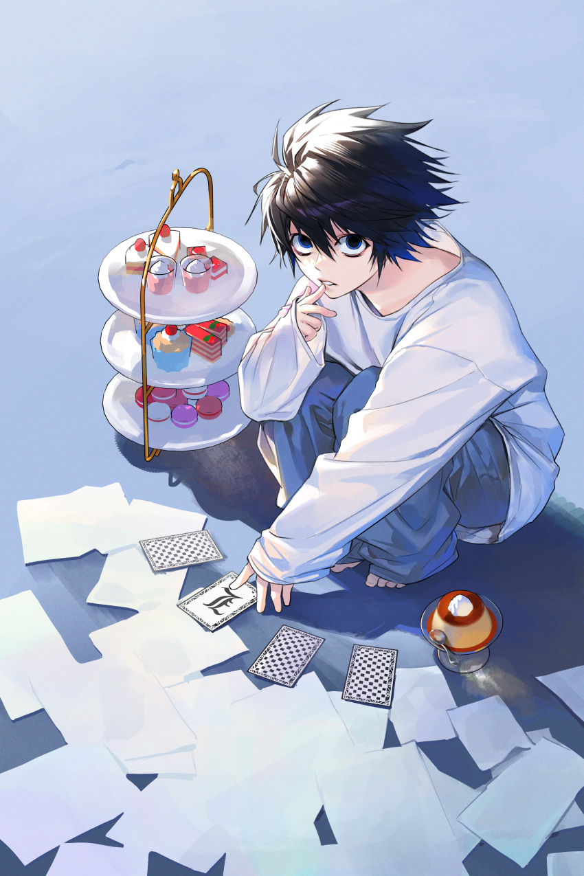 1boy absurdres aged_down bags_under_eyes barefoot black_hair blue_background blue_eyes blue_pants cake cake_slice card character_name child cream cupcake death_note denim finger_to_mouth food full_body grey_background hair_between_eyes hand_up highres jeans l_(death_note) looking_at_viewer macaron male_focus msal_peace outstretched_arm oversized_clothes pants paper pudding shirt short_hair sleeves_past_wrists solo spoon squatting strawberry_shortcake tiered_tray w white_shirt