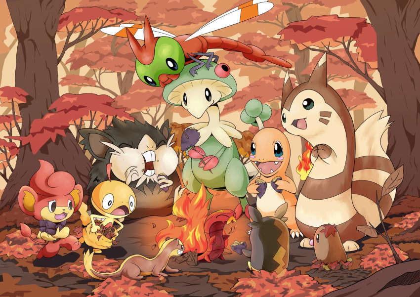 alolan_raticate animal_focus autumn_leaves black_eyes bonfire breloom brown_fur charmander closed_eyes commentary_request diglett eating fangs fire forest furret highres monkey morpeko morpeko_(full) mouse nature no_humans open_mouth pansear pokemon pokemon_(creature) q-chan scraggy sizzlipede standing tail teeth tree two-tone_fur white_fur yanma yungoos