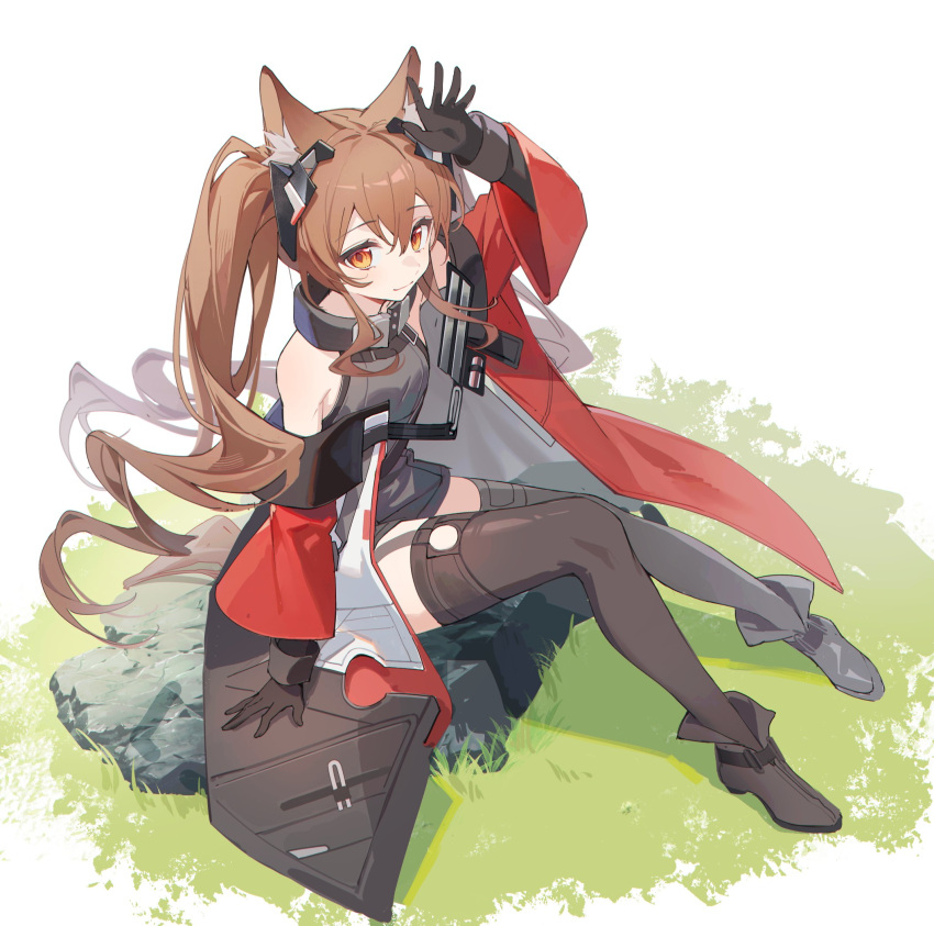 1girl angelina_(arknights) angelina_(endfield)_(arknights) animal_ear_fluff animal_ears arknights arknights:_endfield bare_shoulders black_collar black_footwear black_gloves black_thighhighs coat collar diamond-shaped_pupils diamond_(shape) earpiece fox_ears fox_girl gloves grass headpiece high_belt highres on_grass open_clothes open_coat red_coat rock sitting sitting_on_rock smile solo symbol-shaped_pupils thigh-highs twintails wide_sleeves yunweishukuang