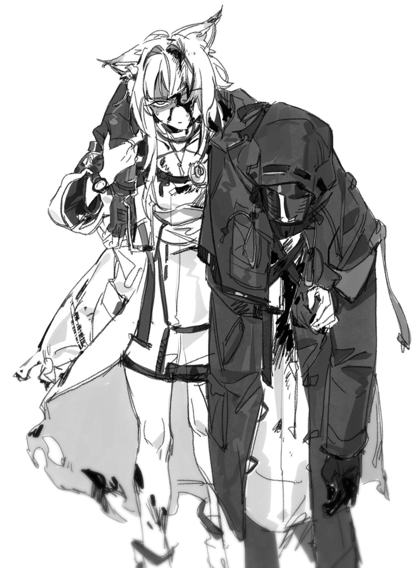 1girl 1other animal_ears arknights blood blood_on_clothes carrying carrying_person closed_mouth doctor_(arknights) dress fox_ears gloves greyscale highres hood hood_up hooded_coat kal'tsit_(arknights) lab_coat lenereco long_sleeves looking_at_viewer monochrome shaded_face stethoscope torn_clothes watch watch