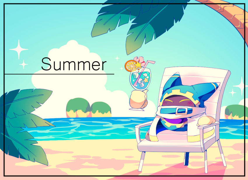 1boy ^_^ animal_ears beach beach_chair belt belt_buckle belt_collar blue_belt blue_hood blue_sky blush buckle cape closed_eyes clouds collar commentary_request covered_mouth day disembodied_limb drink drinking_straw english_text food fruit gear_print glass gloves holding holding_drink ice ice_cube island kirby_(series) magolor no_humans ocean orange_(fruit) orange_slice outdoors palm_leaf palm_tree scarf shadow shirushiki sitting sky solo sparkle star_(symbol) summer tree white_cape white_gloves white_scarf