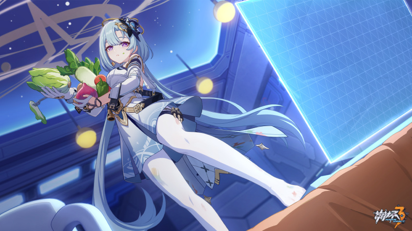 1girl blue_hair blue_theme breasts chinese_commentary cup earrings food fruit gloves griseo griseo_(cosmic_expression) highres holding holding_food honkai_(series) honkai_impact_3rd jewelry large_breasts light_blue_hair logo long_hair official_art official_wallpaper screen solo twintails vegetable very_long_hair violet_eyes white_gloves
