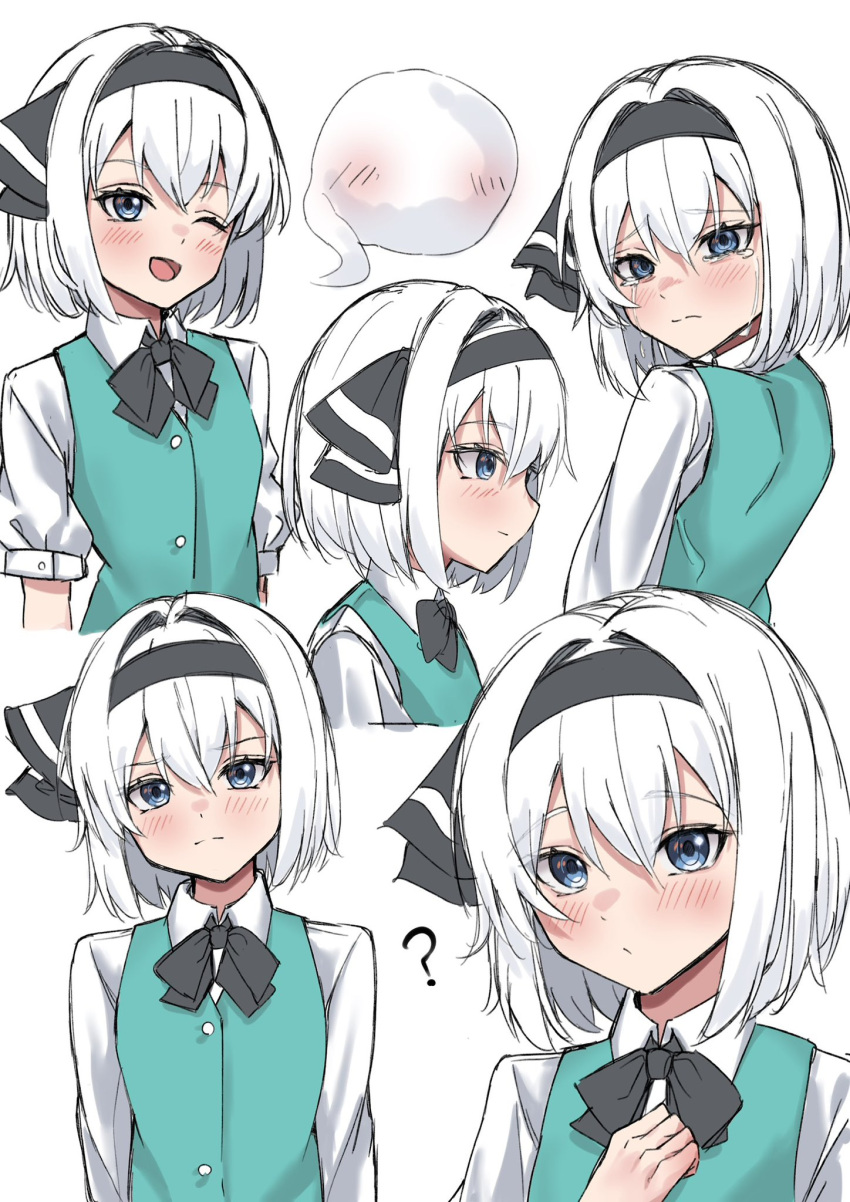 1girl ? back black_bow black_bowtie black_hairband black_ribbon blue_eyes blue_vest blush bow bowtie buttons closed_mouth collared_shirt crying crying_with_eyes_open from_behind ghost hair_between_eyes hairband hand_on_own_chest happy highres hitodama konpaku_youmu konpaku_youmu_(ghost) long_sleeves looking_at_viewer looking_back looking_to_the_side one_eye_closed open_mouth puffy_short_sleeves puffy_sleeves ramiki ribbon sad shirt short_hair short_sleeves simple_background smile solo standing tears tongue touhou upper_body vest white_background white_hair white_shirt