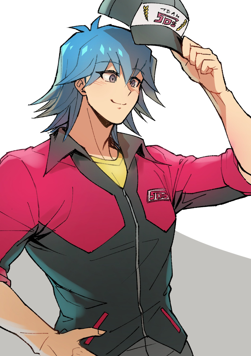 1boy absurdres arm_up baseball_cap black_headwear blue_hair bruno_(yu-gi-oh!) grey_eyes grey_pants hand_on_own_hip hat hat_tip highres jacket looking_to_the_side male_focus official_alternate_costume pants red_jacket shirt short_hair simple_background sleeves_rolled_up smile solo standing two-tone_background v-neck yellow_shirt youko-shima yu-gi-oh! yu-gi-oh!_5d's zipper