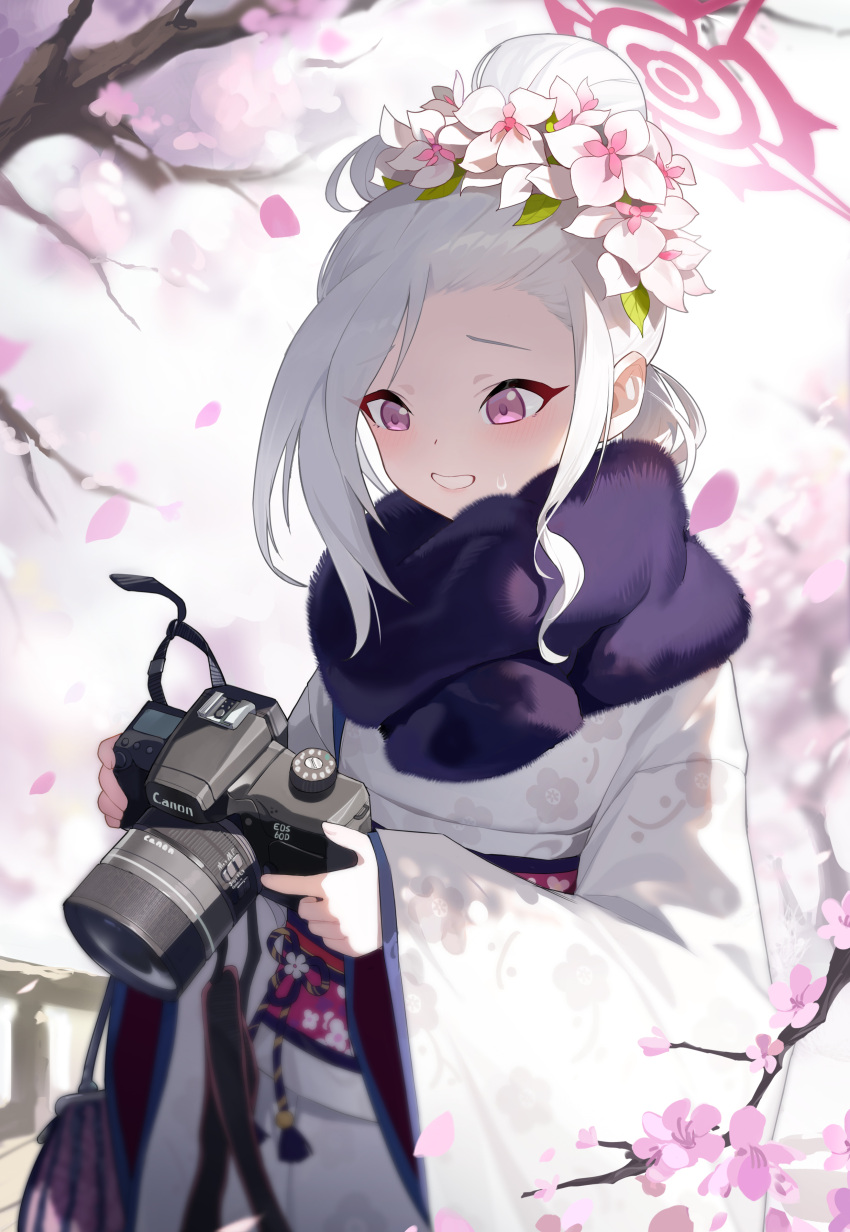 1girl absurdres blue_archive blush camera canon_(company) cherry_blossoms commentary flower fur-trimmed_kimono fur_trim grey_hair grin hair_flower hair_ornament halo highres holding holding_camera japanese_clothes kimono kongtoulaotou long_hair long_sleeves mutsuki_(blue_archive) obi official_alternate_costume pink_flower pink_halo sash smile solo symbol-only_commentary upper_body violet_eyes white_kimono wide_sleeves