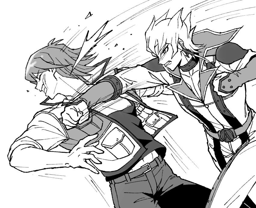 2boys belt bodysuit bruno_(yu-gi-oh!) clenched_teeth closed_eyes collar dangle_earrings earrings elbow_gloves face_punch facing_to_the_side fighting gloves high_collar highres in_the_face injury jack_atlas jacket jewelry line_of_action male_focus midriff_peek monochrome multiple_boys pants punching shirt short_hair short_hair_with_long_locks simple_background sleeves_rolled_up speed_lines spiky_hair t-shirt teeth utility_vest white_background youko-shima yu-gi-oh! yu-gi-oh!_5d's
