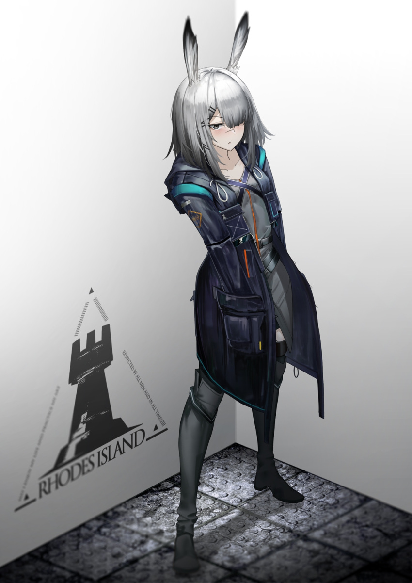 1girl animal_ears arknights black_coat black_footwear blush boots closed_mouth coat commentary dress frostnova_(arknights) full_body grey_dress grey_eyes grey_hair hair_ornament hair_over_one_eye hairclip hands_in_pockets highres hood hood_down hooded_coat knee_boots kureneko long_hair long_sleeves looking_at_viewer open_clothes open_coat rabbit_ears rabbit_girl rhodes_island_logo scar scar_on_face scar_on_nose solo standing