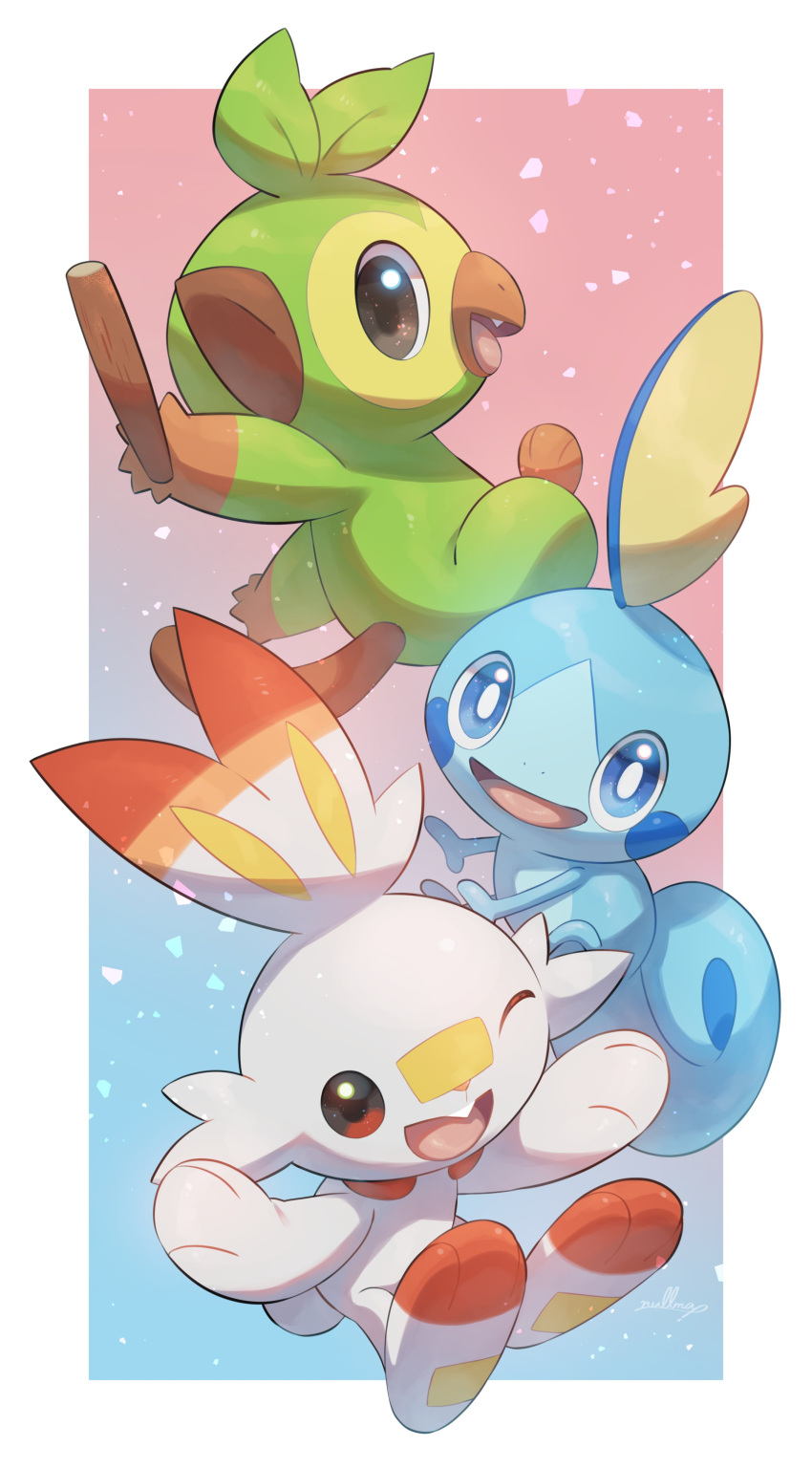 absurdres blue_background border gradient_background grookey highres looking_at_viewer no_humans nullma one_eye_closed open_mouth pokemon pokemon_(creature) red_background scorbunny sobble starter_pokemon_trio two-tone_background white_border