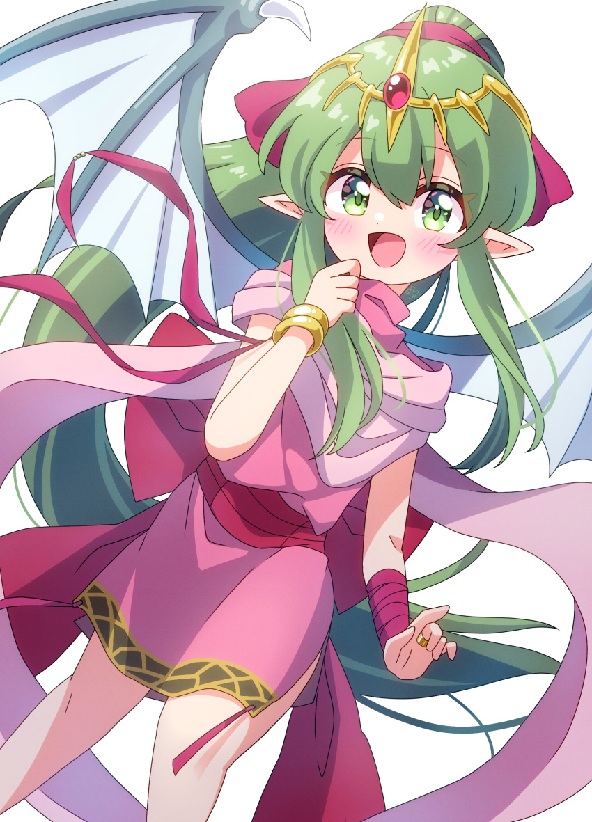 1girl :d absurdres blush bracelet dragon_girl dragon_wings dress fire_emblem fire_emblem:_mystery_of_the_emblem green_eyes green_hair hair_between_eyes highres jewelry long_hair looking_at_viewer mmmera827 open_mouth pink_dress pointy_ears ponytail ring smile solo tiki_(fire_emblem) tiki_(young)_(fire_emblem) very_long_hair white_background wings