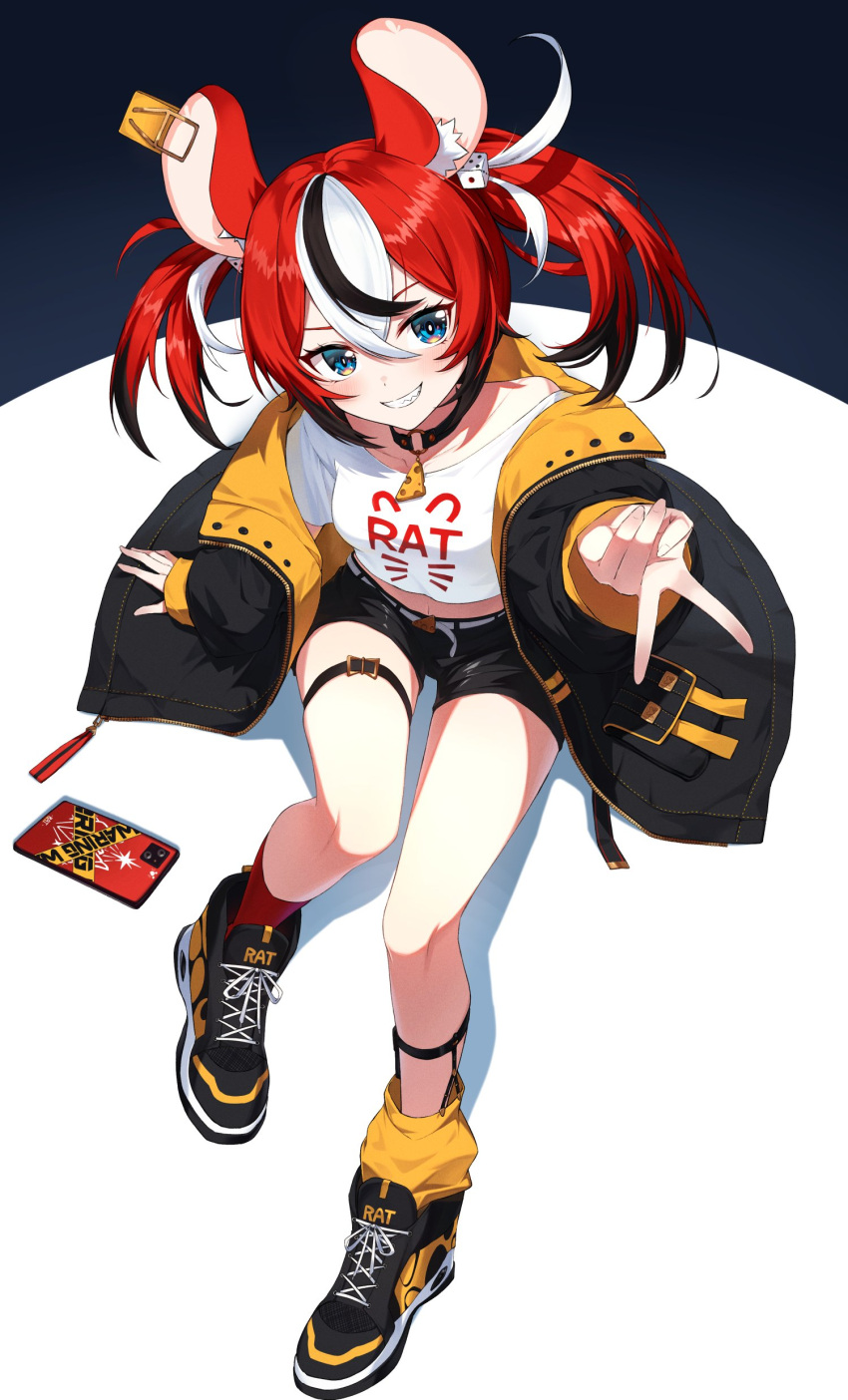 1girl absurdres animal_ears black_collar black_jacket blue_eyes cellphone collar corsetman hakos_baelz highres hololive hololive_english jacket midriff mismatched_socks mouse_ears multicolored_hair phone redhead shirt shoes sitting smartphone smile sneakers streaked_hair thigh_strap twintails v virtual_youtuber white_shirt