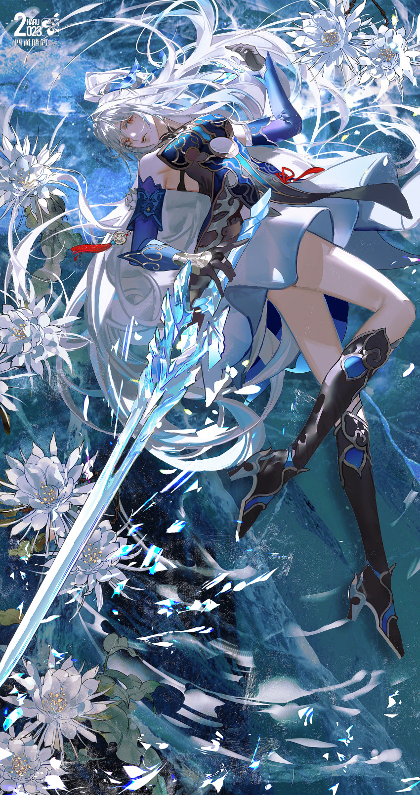 1girl absurdres black_footwear black_gloves blue_dress boots chinese_commentary colored_eyelashes commentary_request crystal detached_sleeves dress epiphyllum floating_hair flower from_side full_body gloves hair_ribbon high_heels high_ponytail highres holding holding_sword holding_weapon honkai:_star_rail honkai_(series) ice_crystal jingliu_(honkai:_star_rail) knee_boots long_hair looking_at_viewer orange_eyes parted_lips ribbon ripples simian_chuge skirt solo sword tassel very_long_hair water weapon white_flower white_hair white_skirt