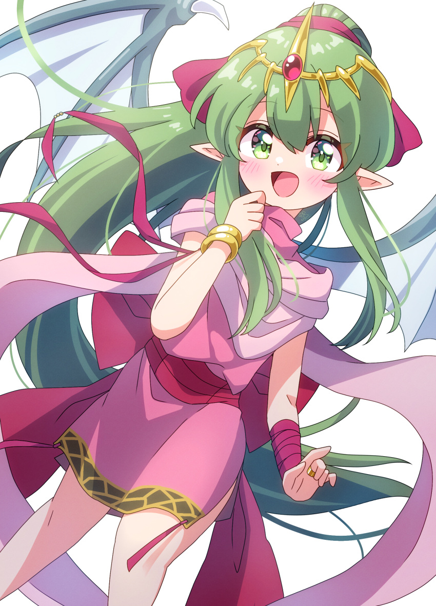 1girl :d absurdres blush bracelet dragon_girl dragon_wings dress fire_emblem fire_emblem:_mystery_of_the_emblem green_eyes green_hair hair_between_eyes highres jewelry long_hair looking_at_viewer mmmera827 open_mouth pink_dress pointy_ears ponytail ring smile solo tiki_(fire_emblem) tiki_(young)_(fire_emblem) very_long_hair white_background wings