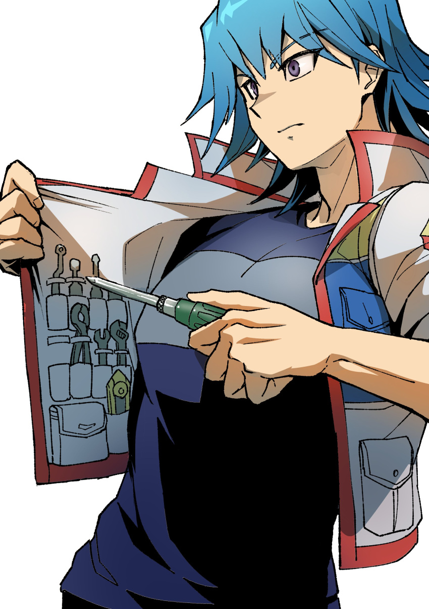 1boy absurdres blue_hair blue_shirt boxcutter bruno_(yu-gi-oh!) frown high_collar highres holding holding_screwdriver holding_tool jacket light_frown looking_to_the_side male_focus open_clothes open_jacket pocket pointing pointing_to_the_side screwdriver serious shirt short_hair simple_background solo t-shirt tools upper_body utility_vest violet_eyes white_background white_jacket wrench youko-shima yu-gi-oh! yu-gi-oh!_5d's