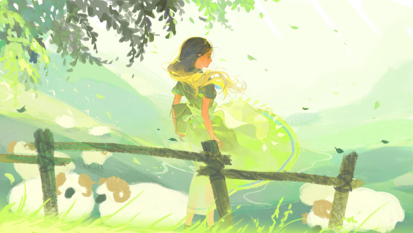 1girl absurdres animal apron bird black_hair blonde_hair branch character_request check_character dress fence floating_clothes floating_hair flock from_behind gradient_hair grass grazing_(livestock) green_dress green_theme hengwen highres leaf long_hair mountainous_horizon multicolored_hair outdoors pointy_ears princess_zelda profile river sheep short_sleeves standing the_legend_of_zelda wind wooden_fence